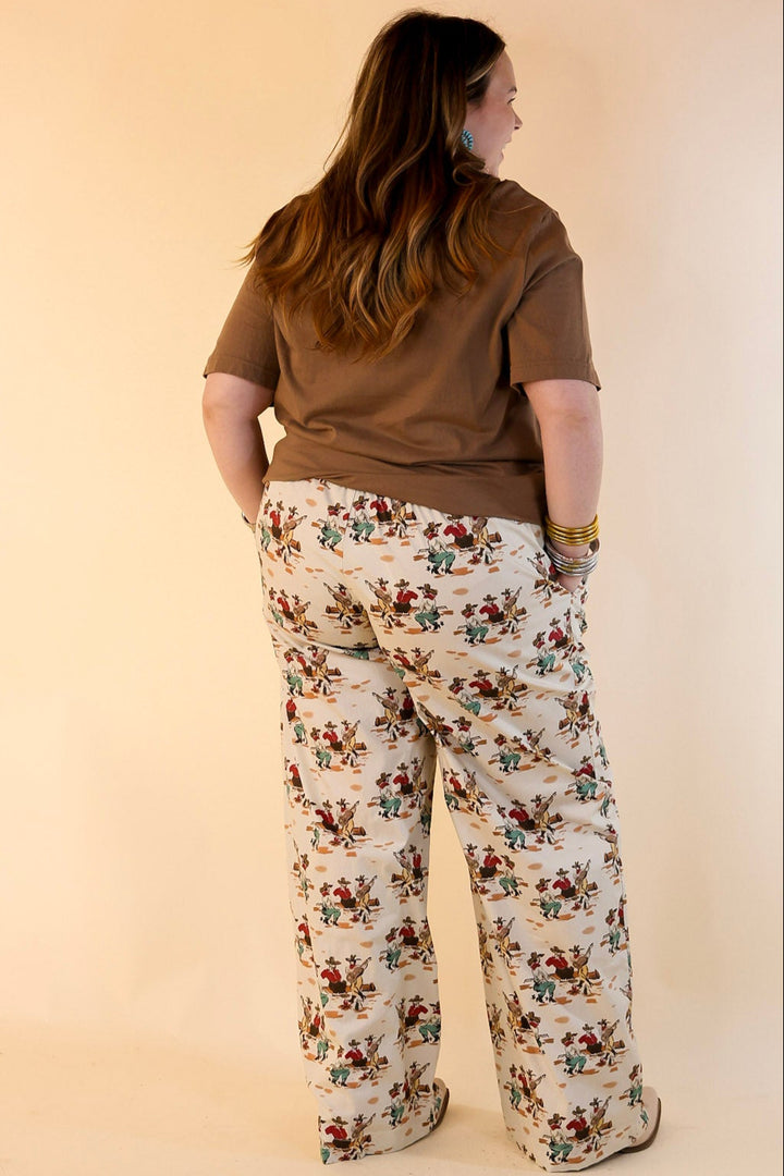 Newest Trend Cowboy Print Cotton Pants with Elastic Waistband in Ivory