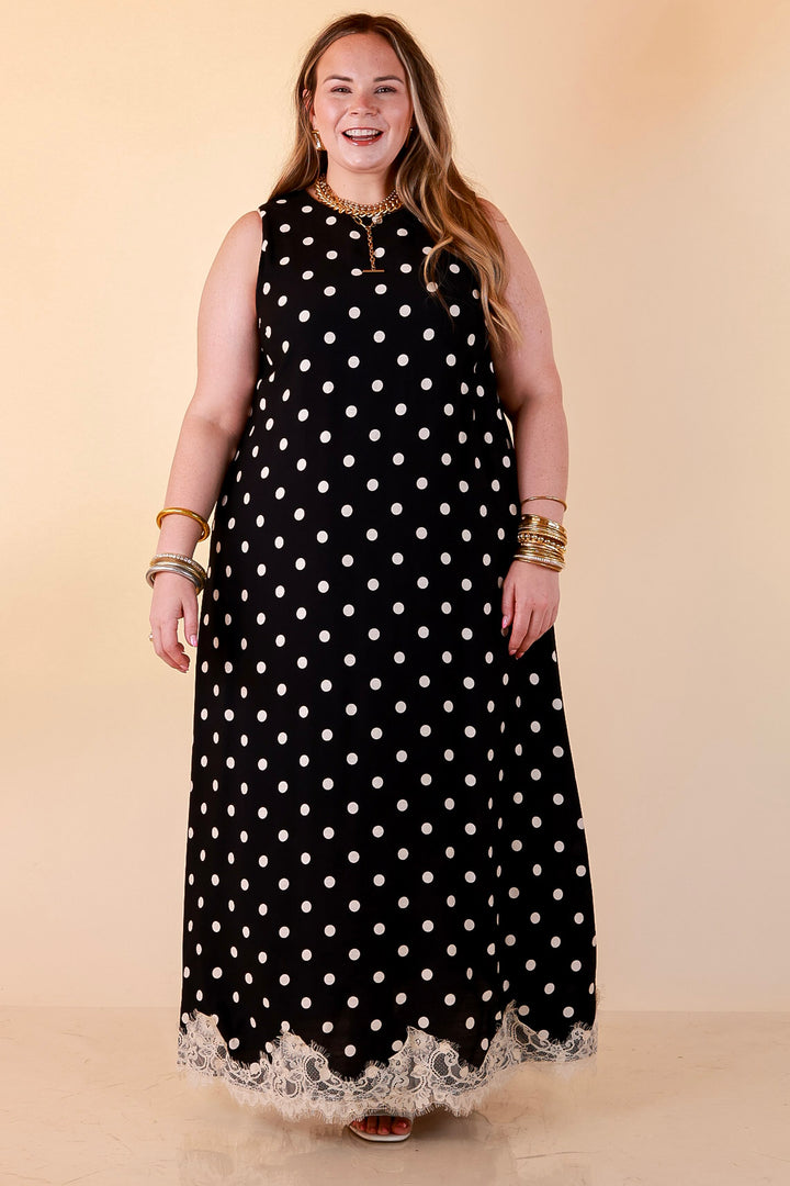 Sweet Little Something Polka Dot Sleeveless Maxi Dress with Lace Trim in Black