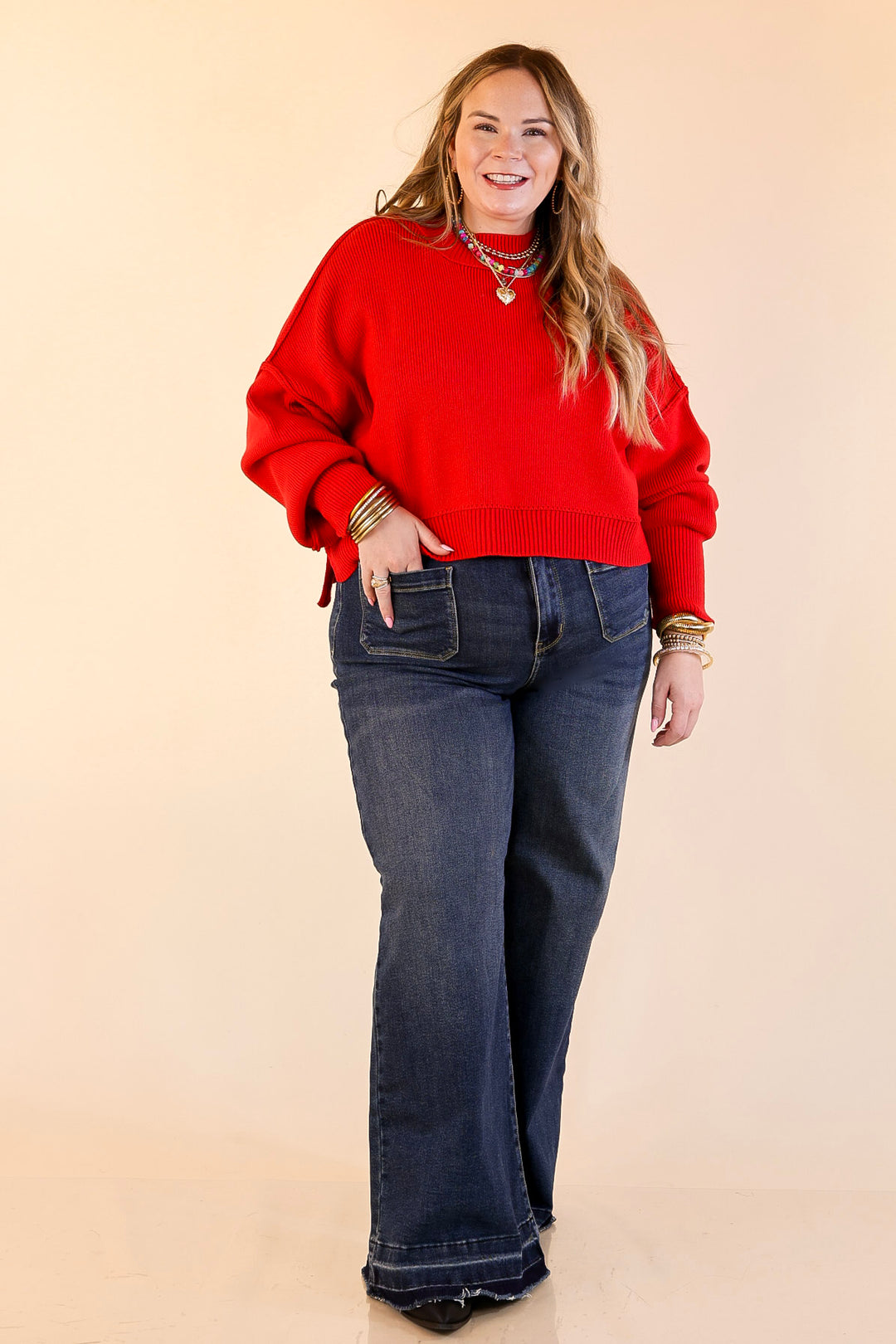 Fireside Fit Cropped Long Sleeve Mock Neck Sweater in Red