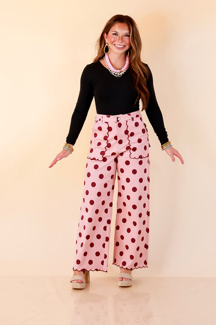Polished Play Polka Dot Print Wide Leg Denim Pants with Scallop Detailing in Blush Pink and Maroon