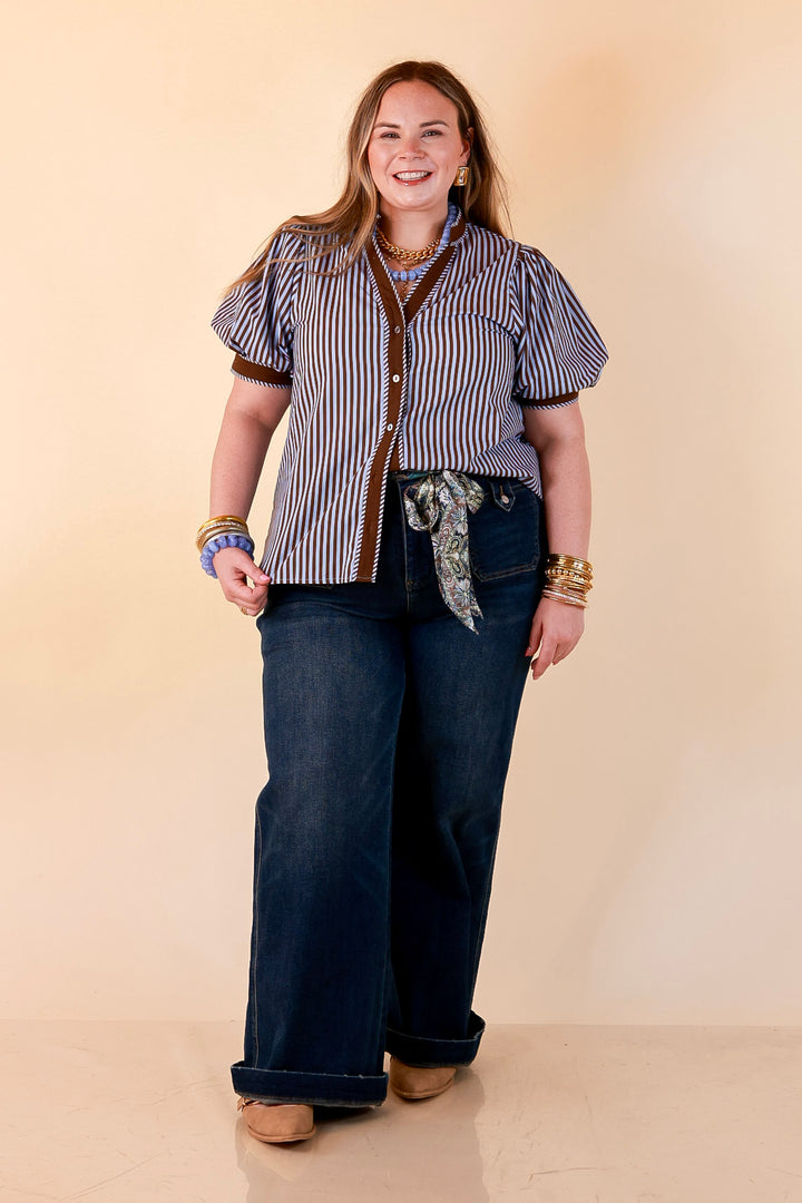 Pop of Polish Short Puff Sleeve Button Front Top with Contrast Trim in Blue and Brown
