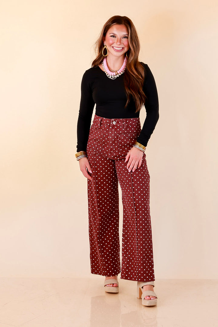 Rosy Outlook Polka Dot Print Wide Leg Denim Pants with Front Seam and Pockets in Maroon