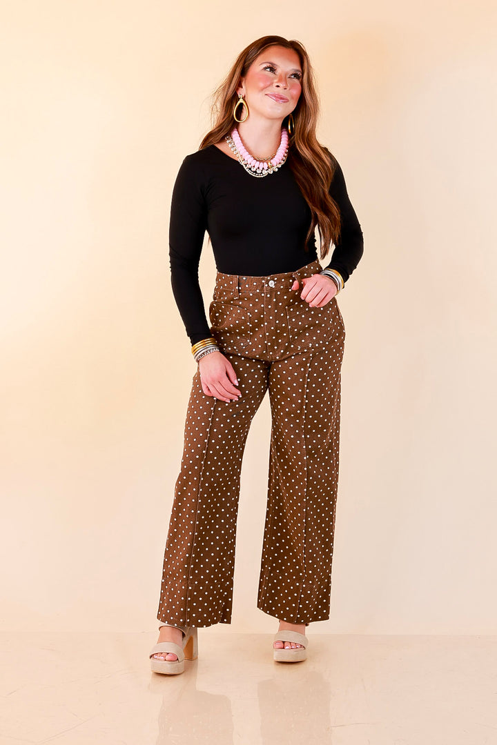 Rosy Outlook Polka Dot Print Wide Leg Denim Pants with Front Seam and Pockets in Chocolate Brown