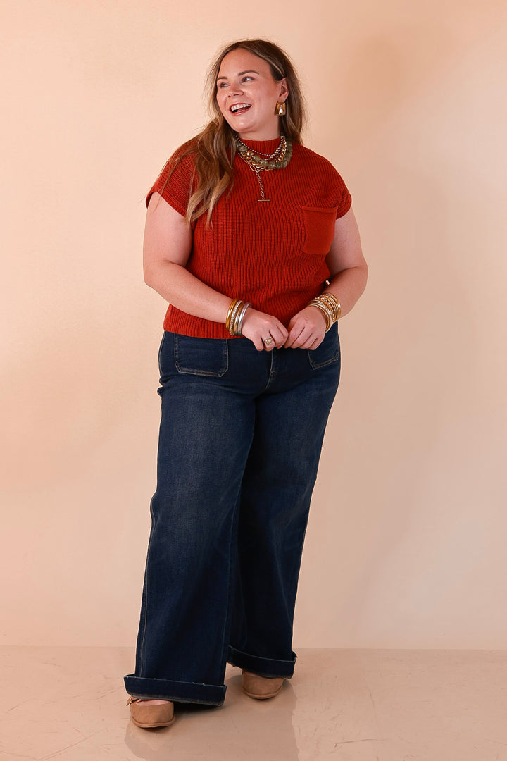 Repeat Worthy Cap Sleeve Cropped Sweater with Front Pocket in Rust Orange