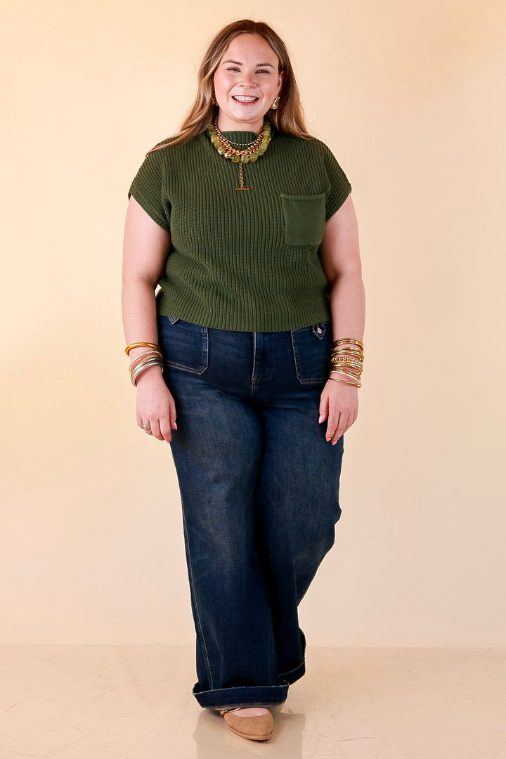 Repeat Worthy Cap Sleeve Cropped Sweater with Front Pocket in Olive Green