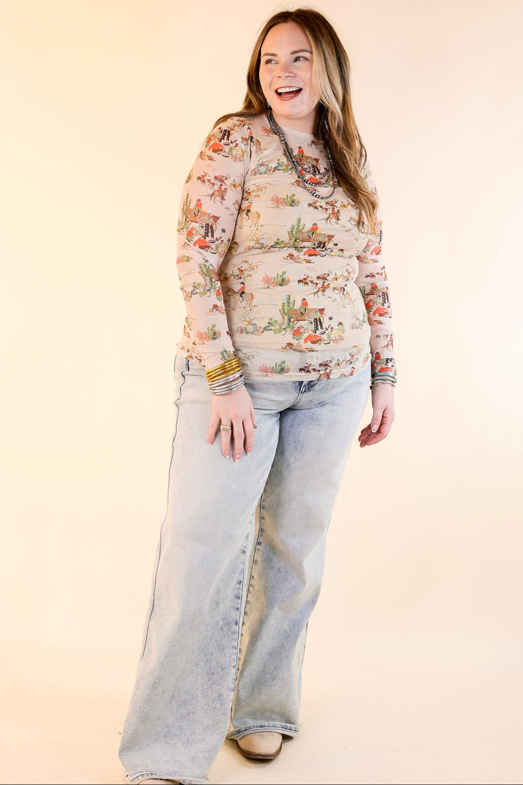 Western Dream Mesh Long Sleeve Top with Retro Western Print in Tan