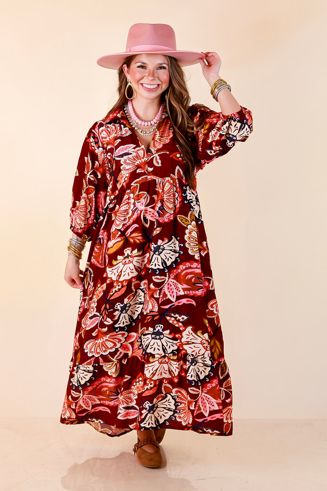 Season of Style Floral Print V Neck 3/4 Sleeve Collared Tiered Midi Dress in Maroon Multi