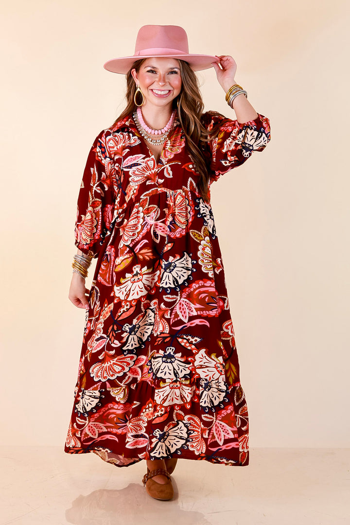 Season of Style Floral Print V Neck 3/4 Sleeve Collared Tiered Midi Dress in Maroon Multi