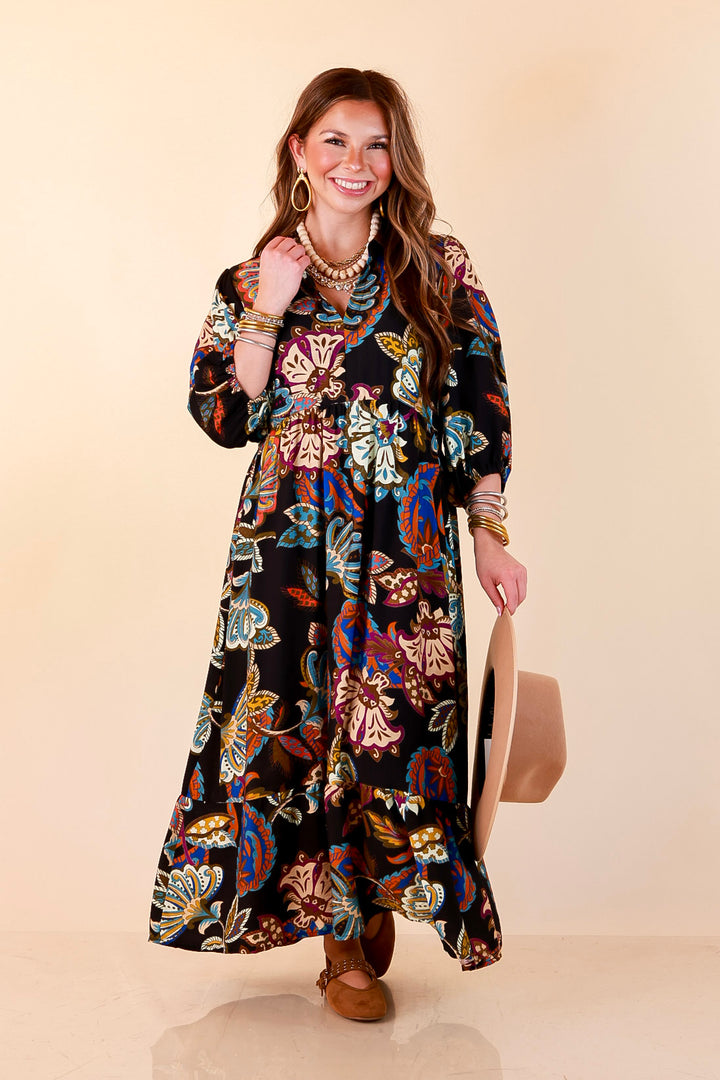 Season of Style Floral Print V Neck 3/4 Sleeve Collared Tiered Midi Dress in Black Multi