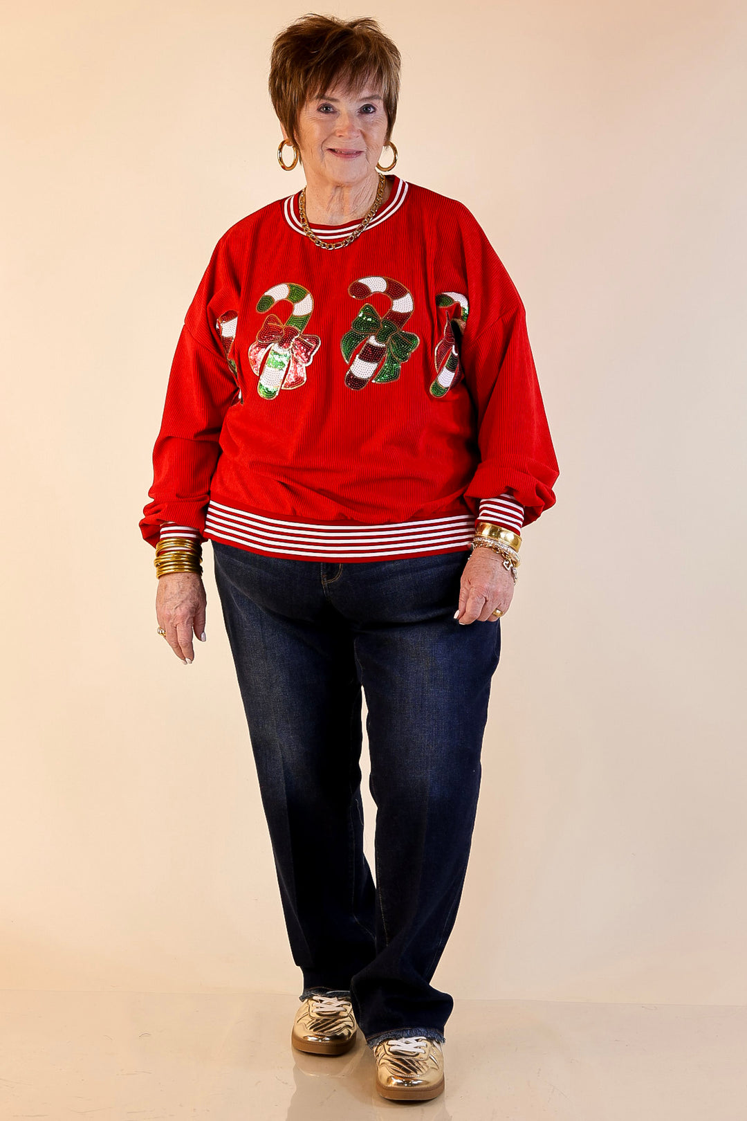 Candy Cane Lane Corduroy Crewneck Top with Side Slits and Sequin Candy Canes with Bows in Red