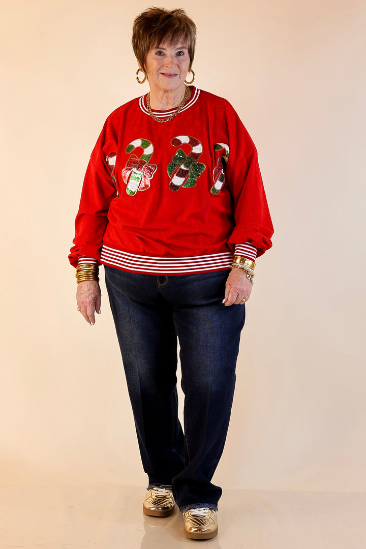 Candy Cane Lane Corduroy Crewneck Top with Side Slits and Sequin Candy Canes with Bows in Red