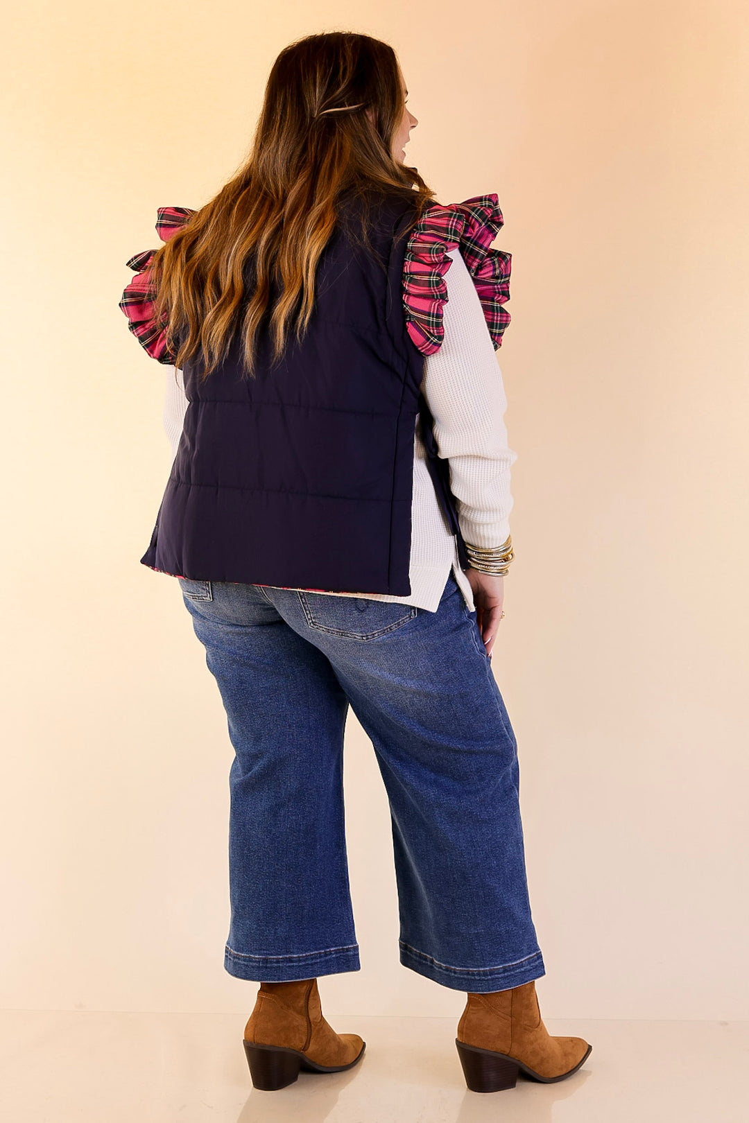 Mud Pie | Jefferies Quilted Plaid Reversible Vest with Ruffle Cap Sleeves and Bow Side Closure in Pink