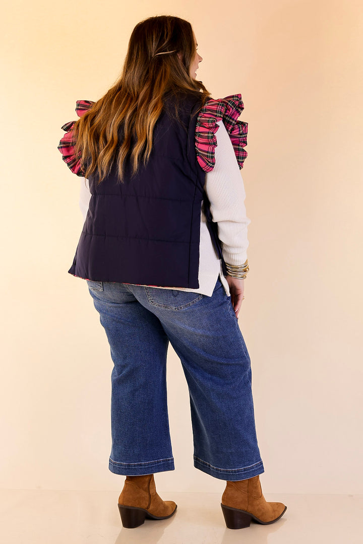 Mud Pie | Jefferies Quilted Plaid Reversible Vest with Ruffle Cap Sleeves and Bow Side Closure in Pink