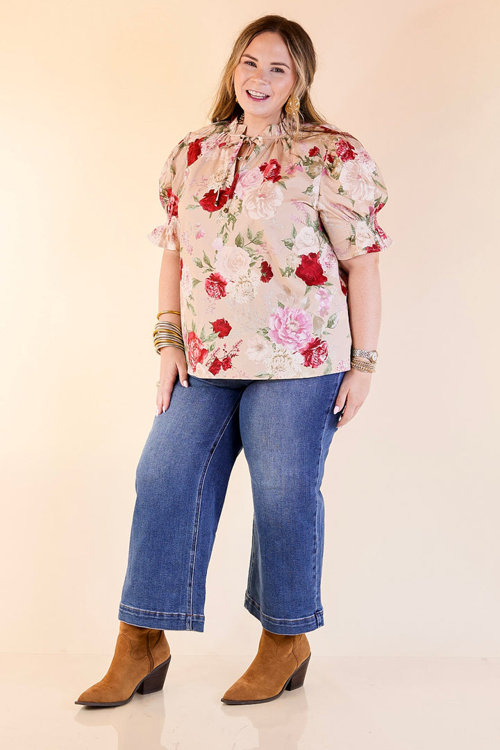 Freshly Picked Floral Print Top with Short Puff Sleeves in Beige
