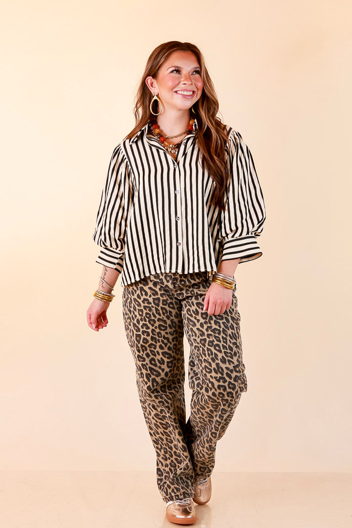 The Bold Type Striped 3/4 Sleeve Button-Up Top in Ivory with Black Stripes