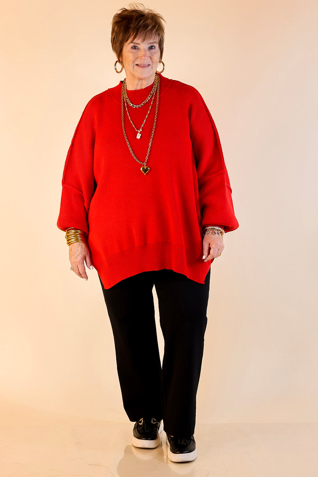 Snug and Stylish Mock Neck Sweater with Side Slit in Ruby Red