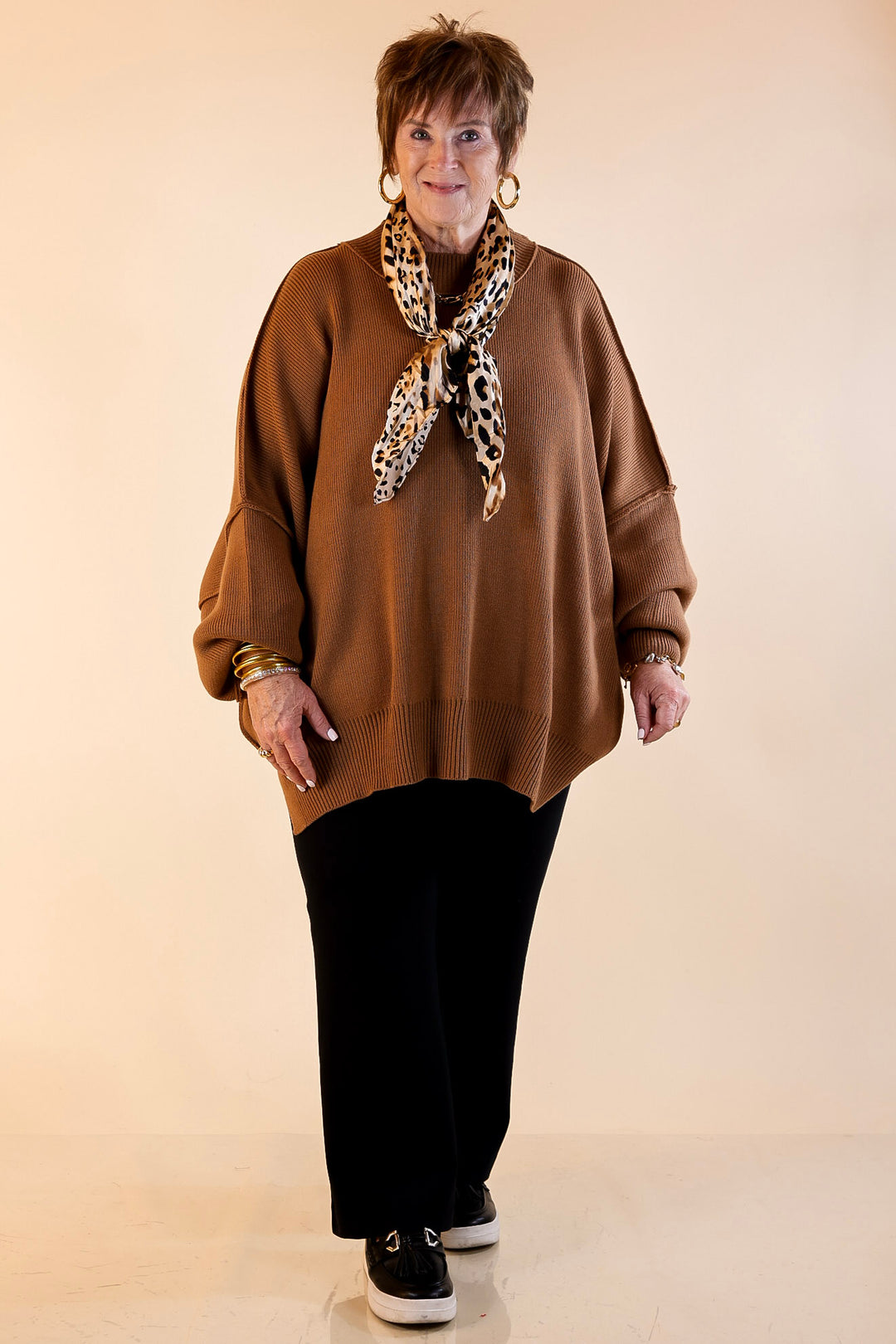 Snug and Stylish Mock Neck Sweater with Side Slit in Camel Brown