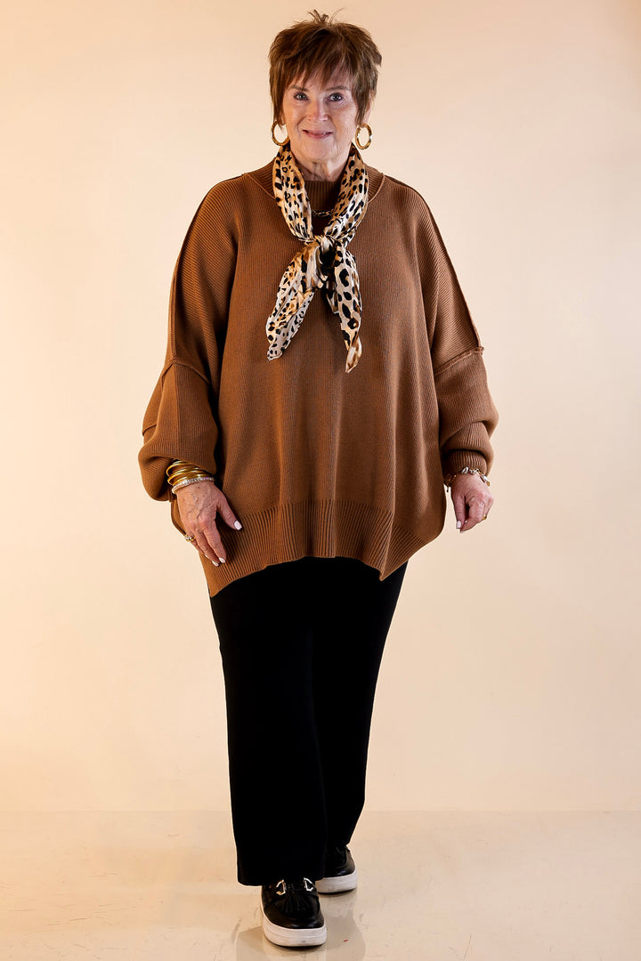 Snug and Stylish Mock Neck Sweater with Side Slit in Camel Brown