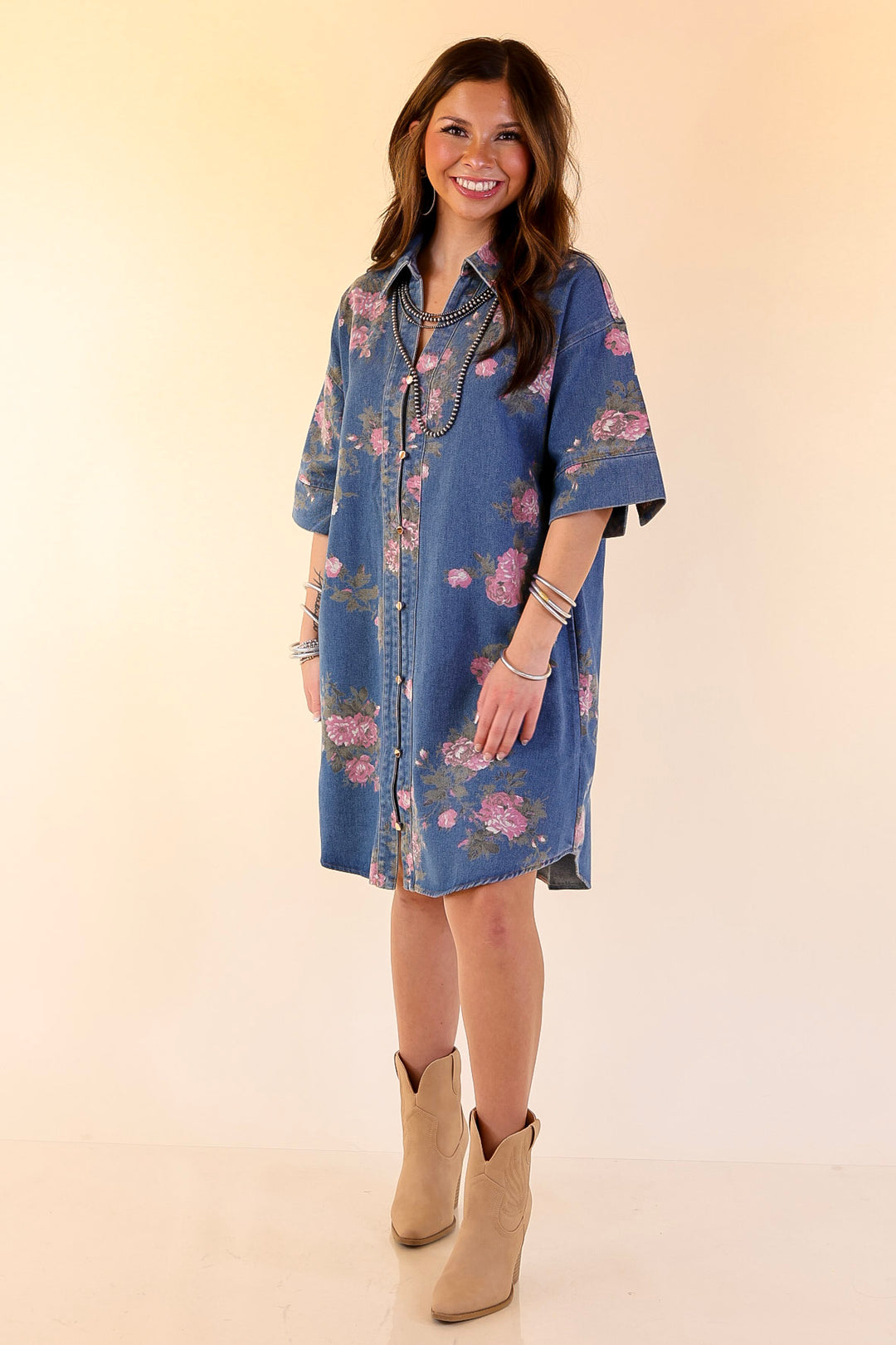 Flirting with Florals Floral Denim Shirt Dress with Gold Button Detail in Classic Blue Denim