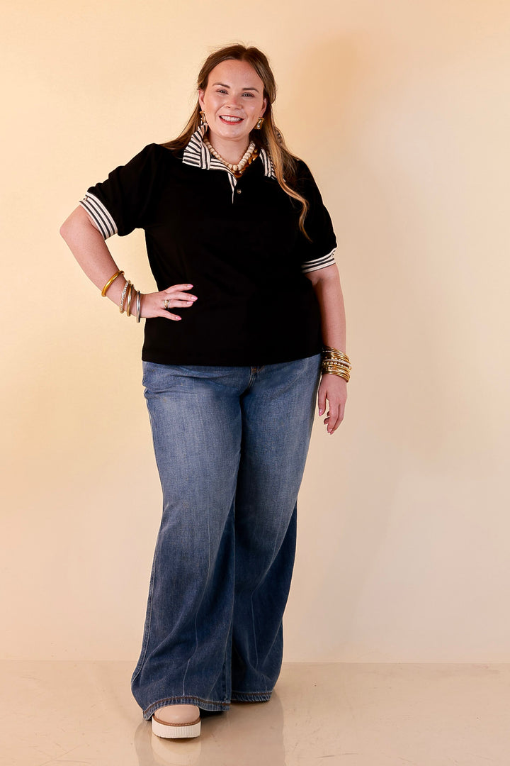 Refined Edge Short Puff Sleeve Top with Striped Collar in Black