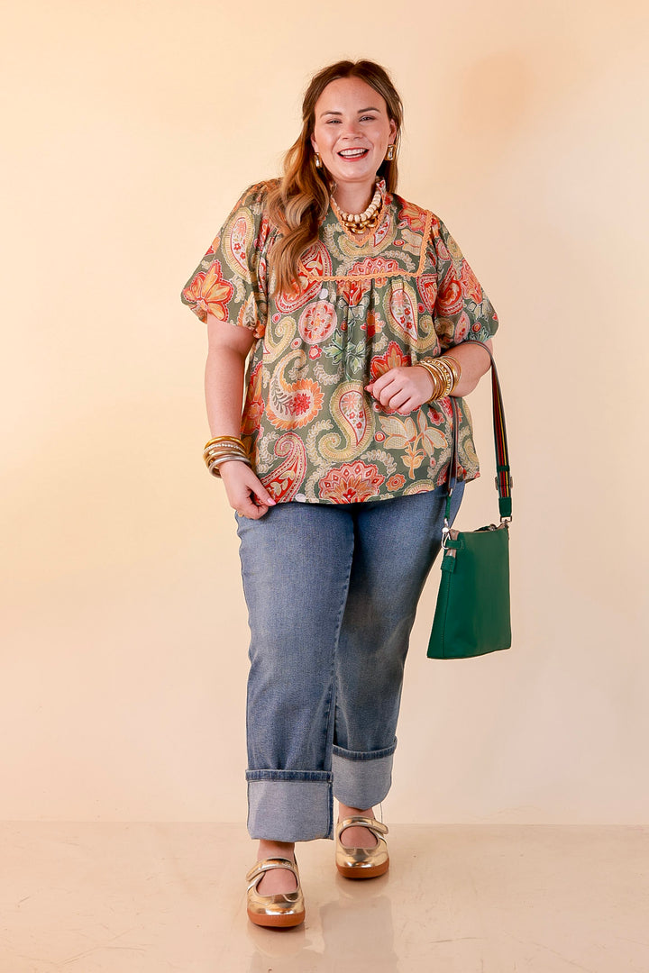 Blooming Days Ahead Paisley Print V Neck Blouse with Puff Sleeves, Ruffle Trim Collar and Lace Trim Yoke in Olive Green Mix