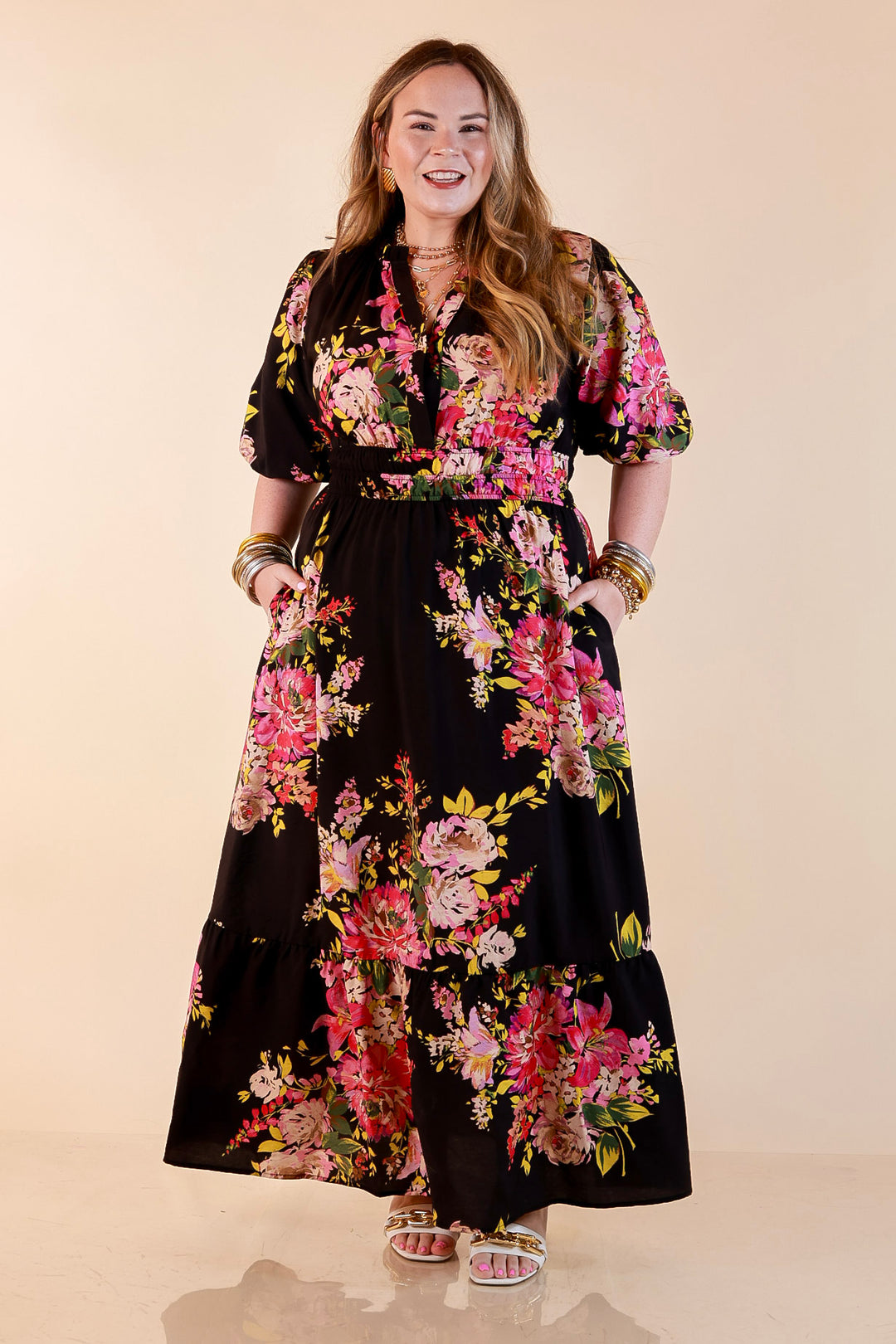 Puff Sleeve Smocked Waist Floral Maxi Dress in Black Multi M