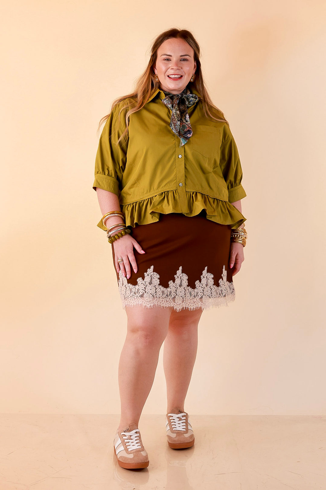 Style Agenda Solid Button Down Peplum Top in Chartreuse Olive Green
