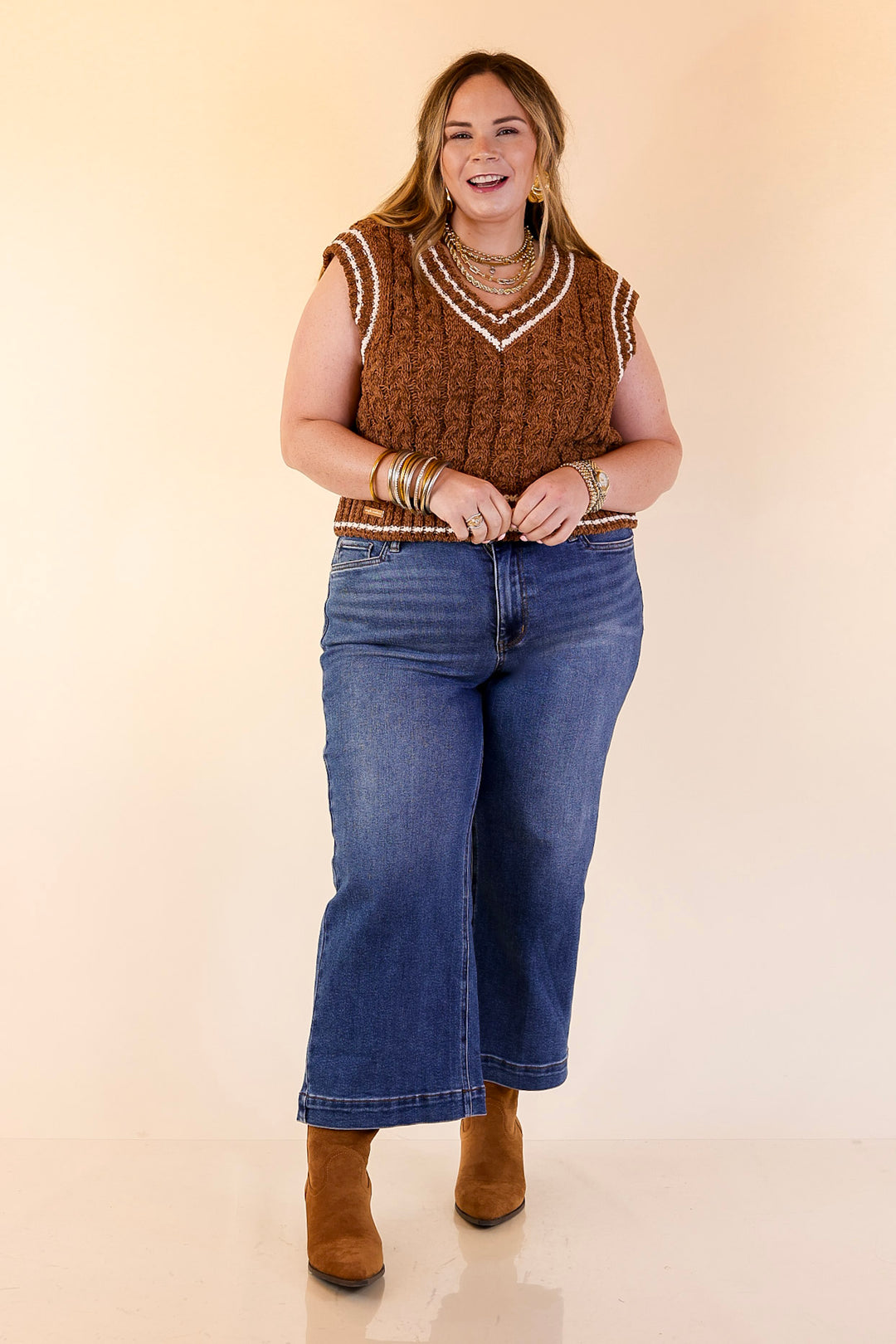 Simply Southern | Bliss Cable Knit Teddy Sweater Vest with V-Neckline and Contrast Trim in Umber Brown