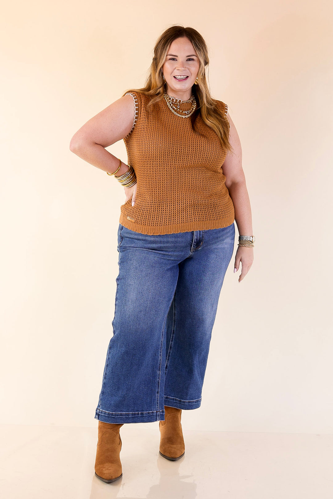 Simply Southern | Olivia Large Knit Sweater Vest with Contrast White Stitching in Tan Brown