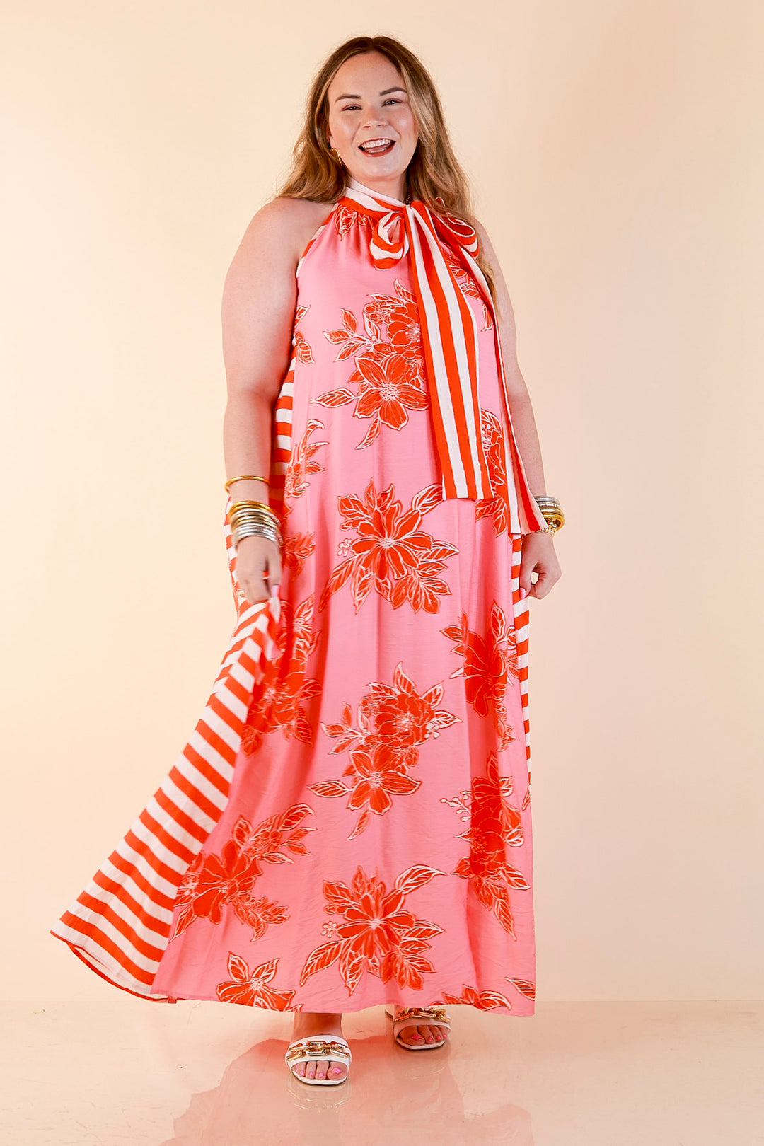 Meet Me in Palm Beach Floral Print Halter Maxi Dress with Adjustable Bow Tie Neck in Pink and Orange