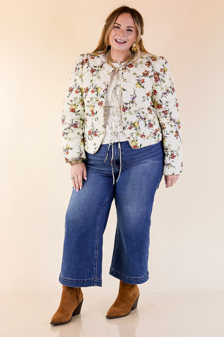 Chic in Bloom Quilted Floral Jacket with Front Ties in Ivory