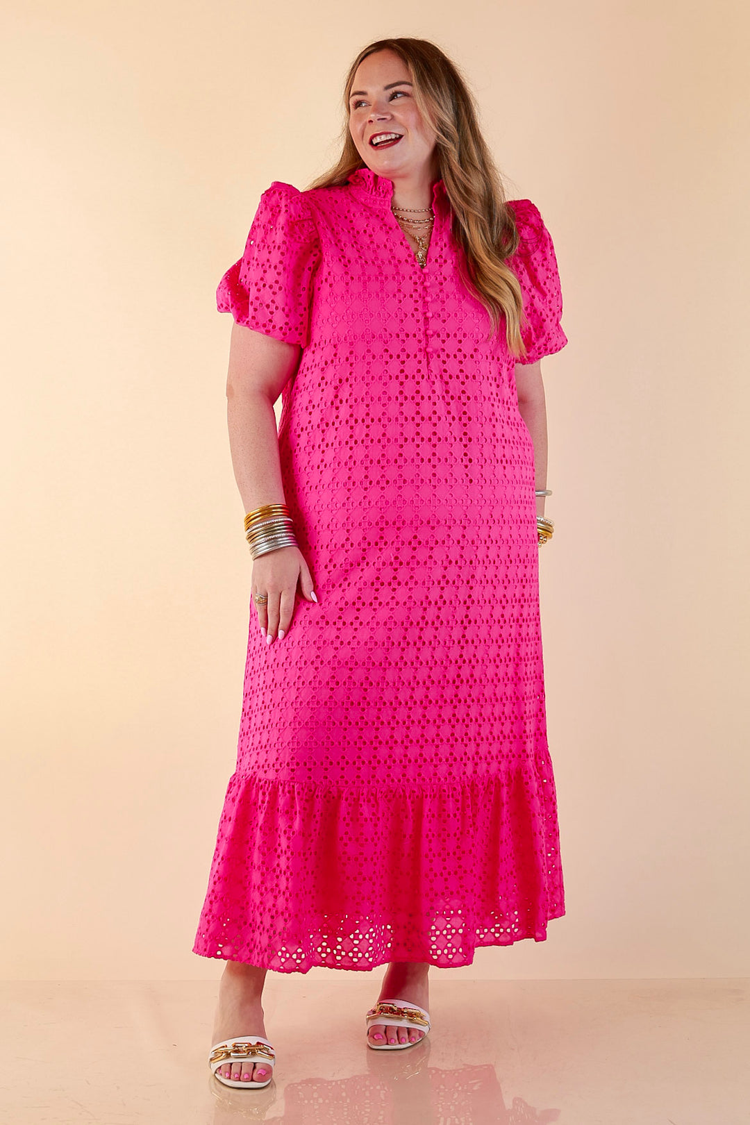 Meet Me at Sunset Eyelet Lace Puff Sleeve Tiered Maxi Dress in Hot Pink
