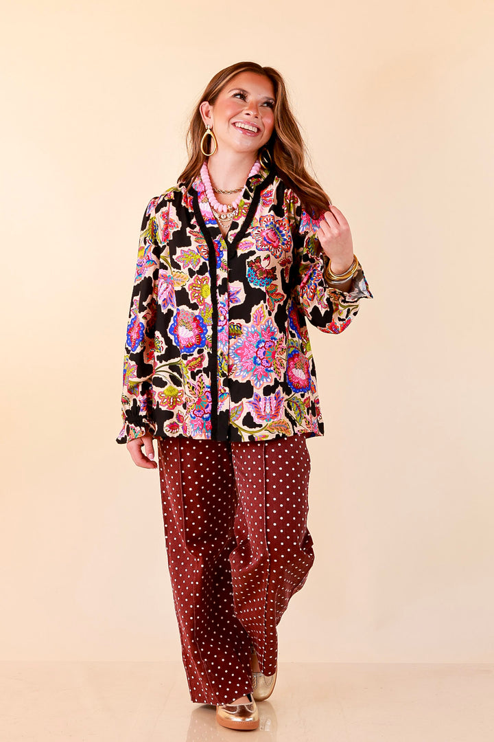 Petal Pop Floral Print Ruffle Front Button Up Long Sleeve Top with Balloon Sleeves in Black