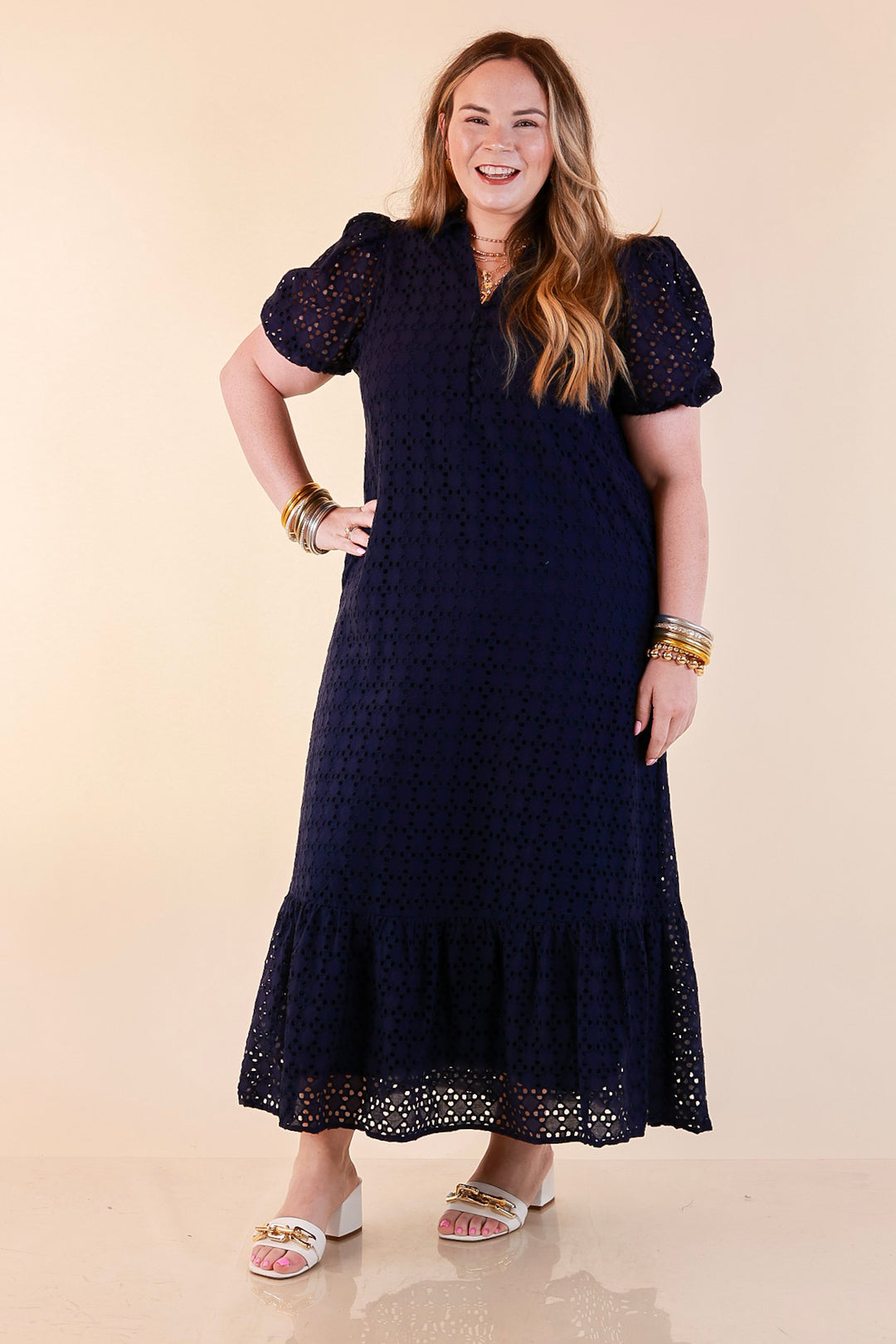 Meet Me at Sunset Eyelet Lace Puff Sleeve Tiered Maxi Dress in Navy Blue