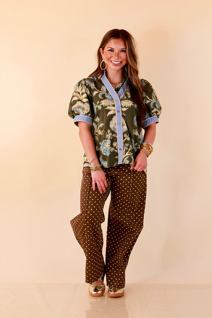 Pop of Polish Short Puff Sleeve Button Front Floral Top with Contrast Trim in Olive Green and Blue