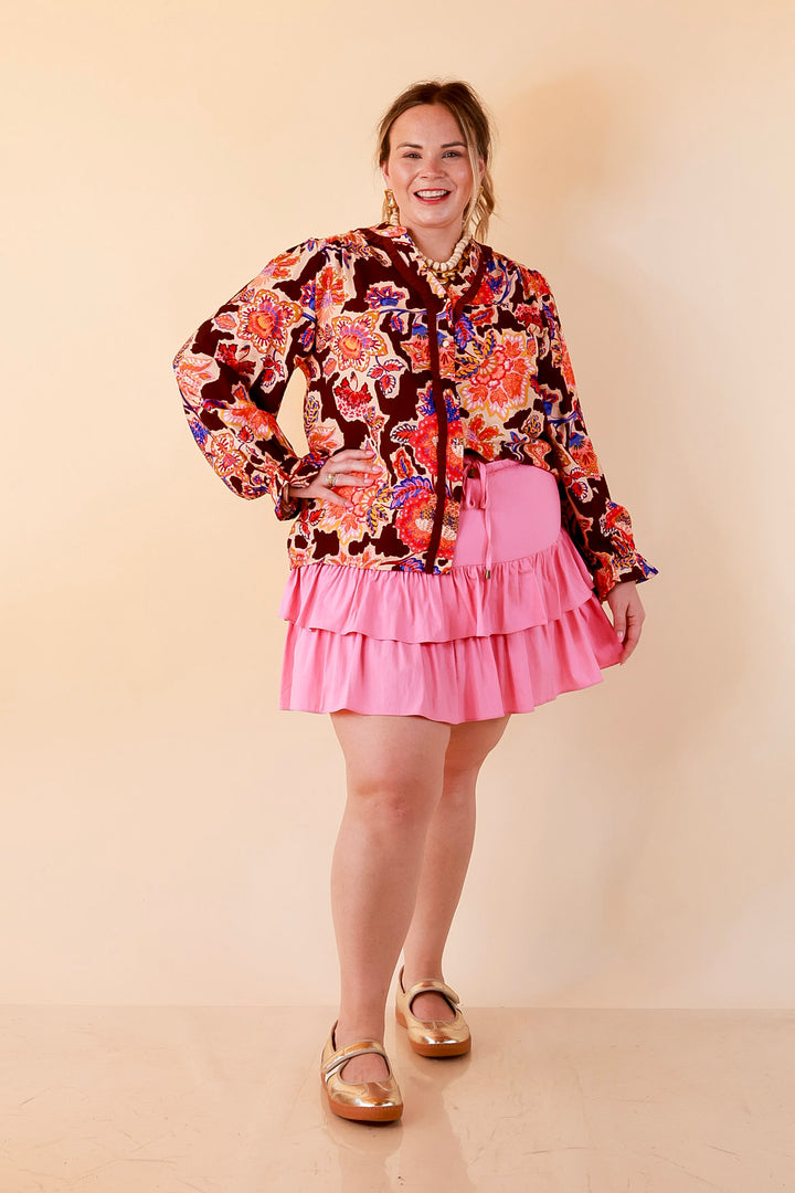 Petal Pop Floral Print Ruffle Front Button Up Long Sleeve Top with Balloon Sleeves in Coco Brown