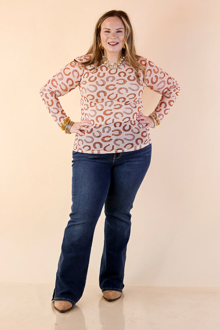 The Perfect Layer Horseshoe Print Mesh Long Sleeve Top in Cream and Brown