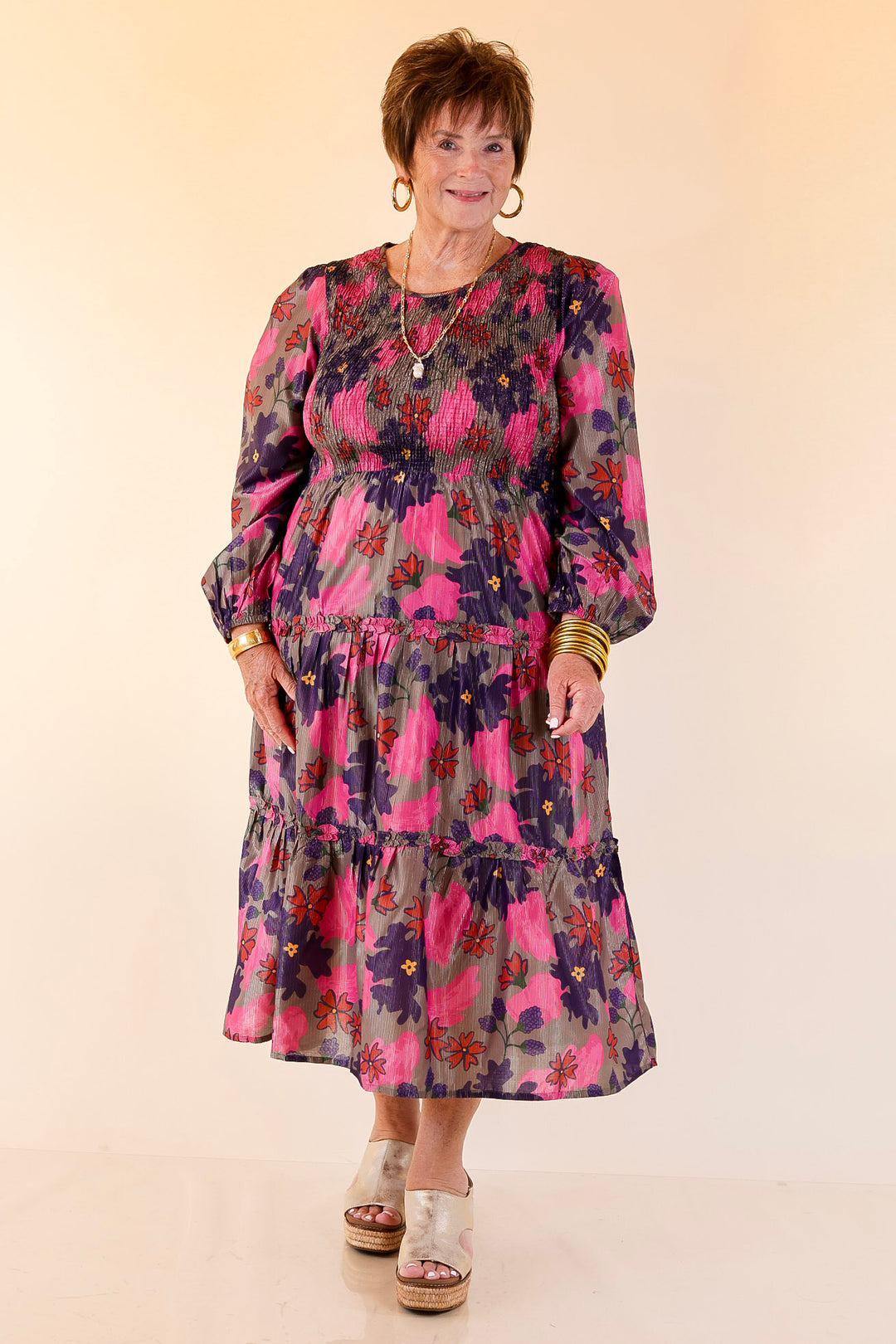 Mud Pie | Shaffer Smocked Bodice Long Sleeve Midi Dress with Tiered Skirt in Pink Mix