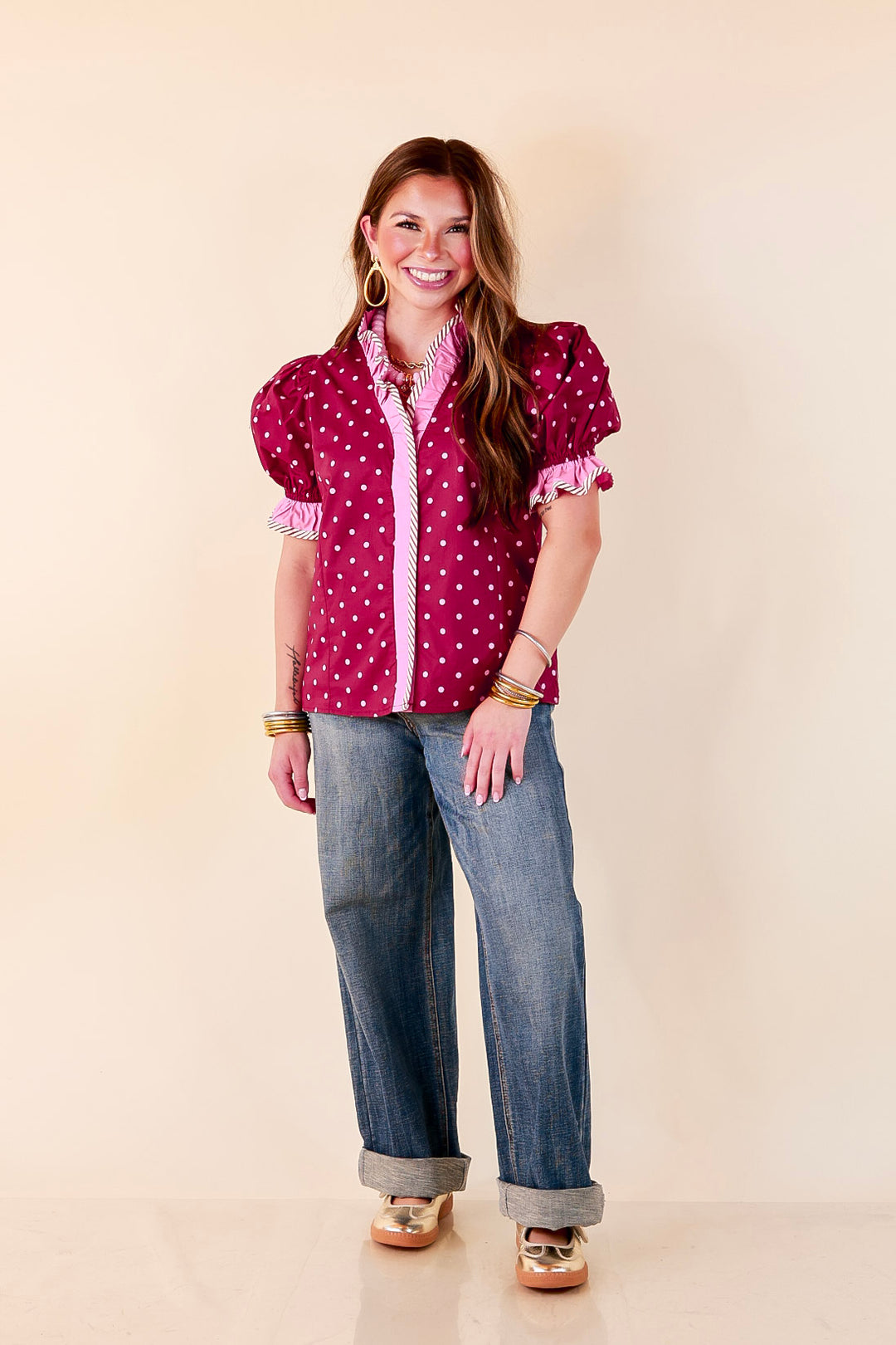 Endless Elegance Ruffled V Neck Polka Dot Print Top in Maroon and Pink