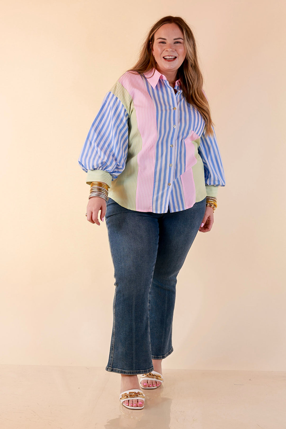 Lovely Impression Colorblock Stripe Button Front Top with Balloon Sleeves in Pink, Blue and Green
