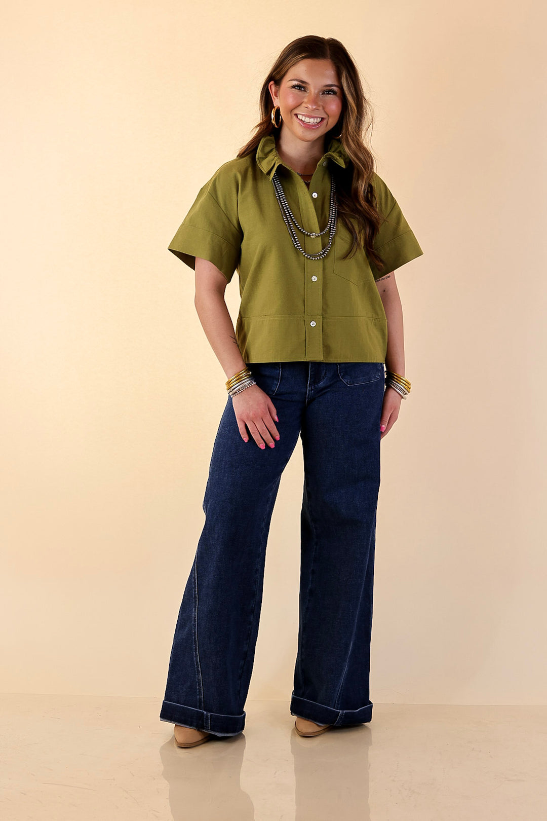 Casual Composure Button Front Short Sleeve Linen Top in Olive Green