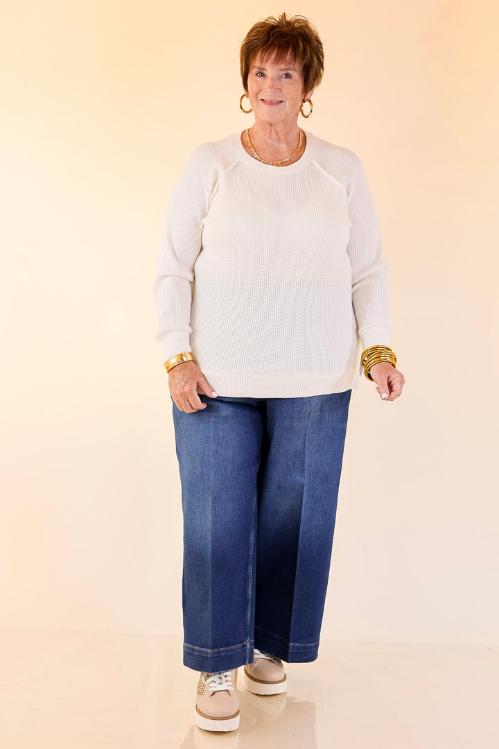 Essentially Chic Waffle Knit Long Sleeve Scoop Neck Top in Ivory