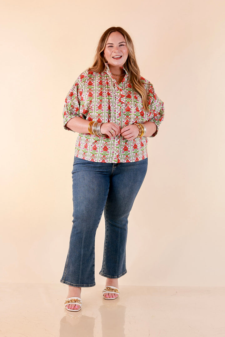 Charming Details Floral Print Button Front Dolman Top with Ruffle Collar in Ivory