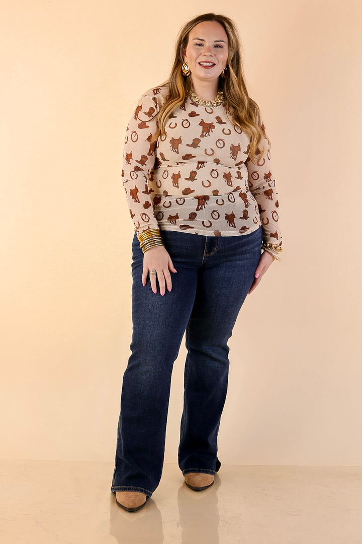 The Perfect Layer Western Icons Print Mesh Long Sleeve Top in Cream and Brown