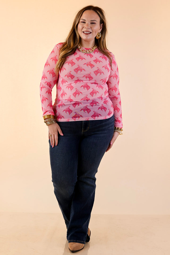 The Perfect Layer Hot Pink Bronc Print Mesh Long Sleeve Top in Pink