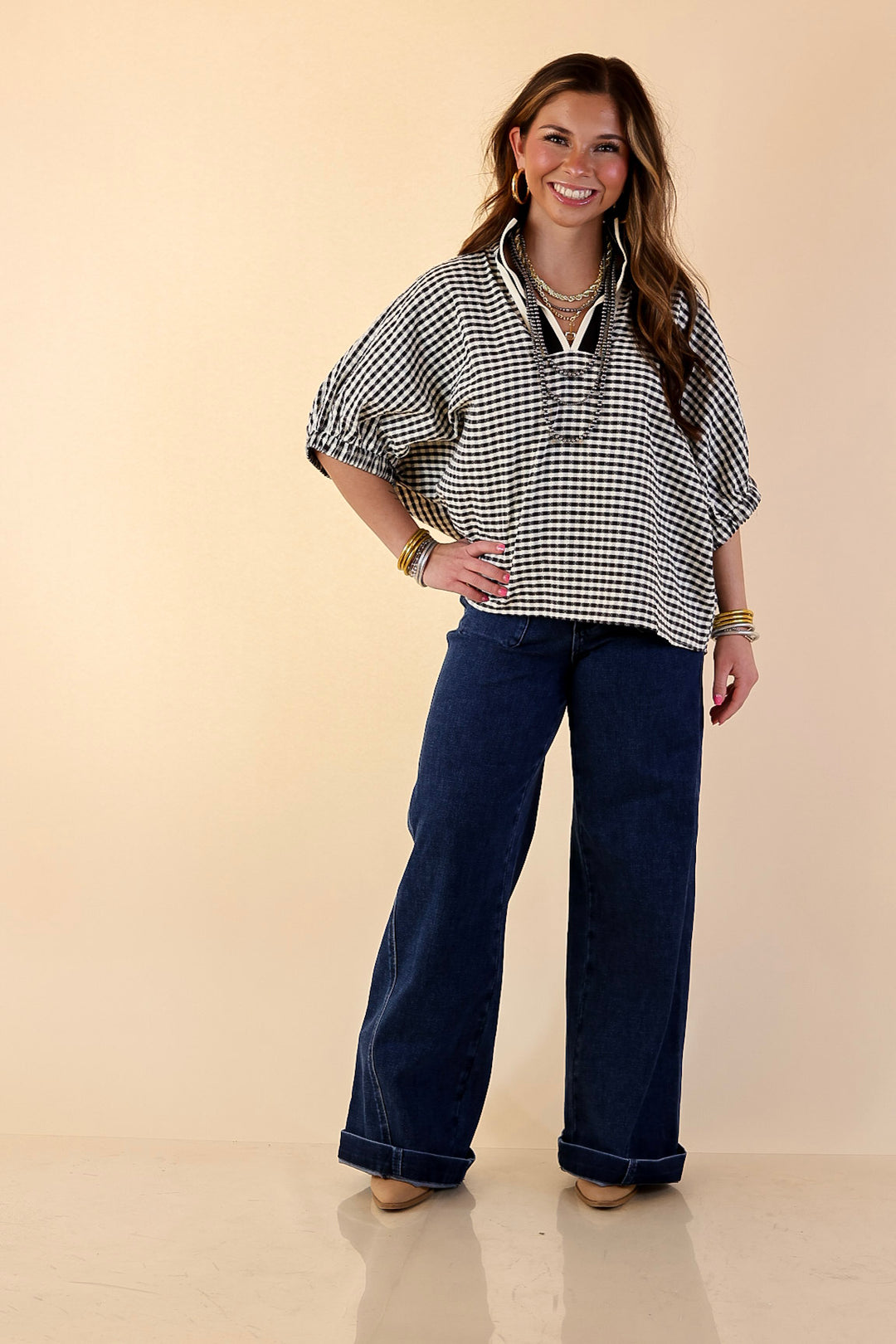 Naturally Stylish Gingham Plaid Top with Contrast Stripe Trim and Short Dolman Sleeves in Black