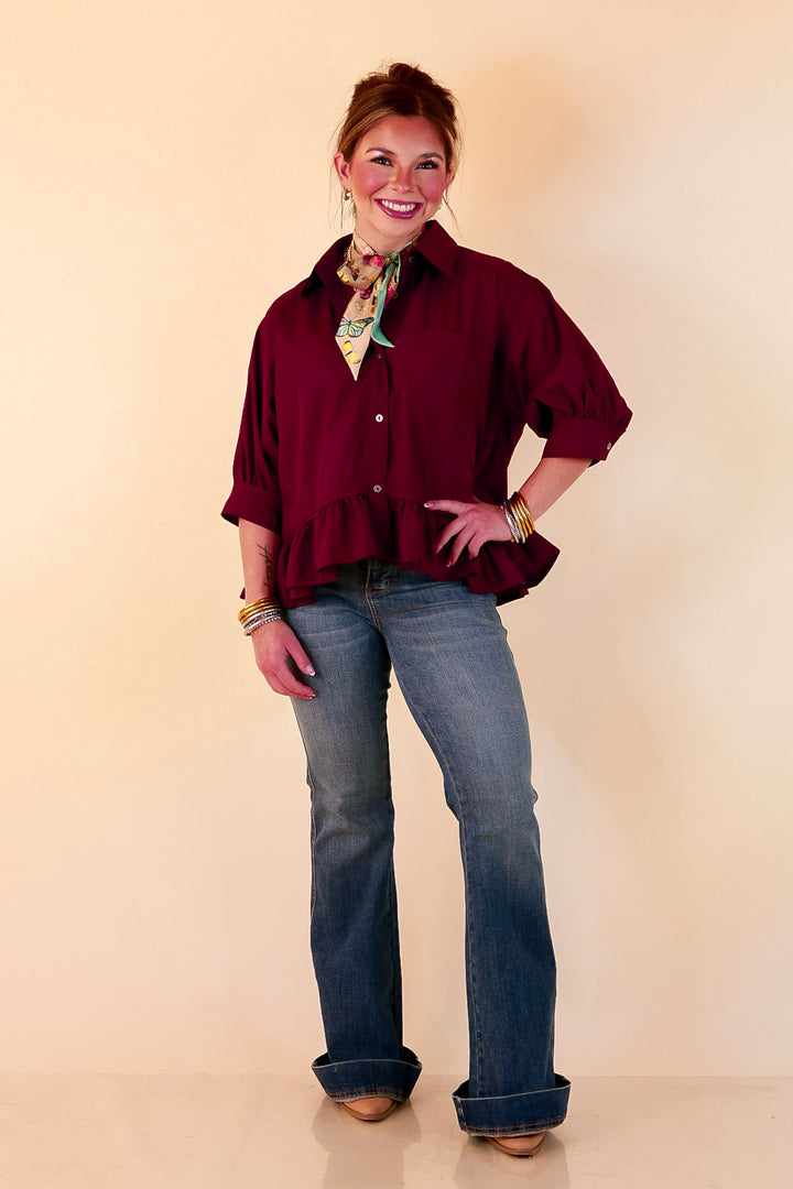 Style Agenda Solid Button Down Peplum Top in Maroon