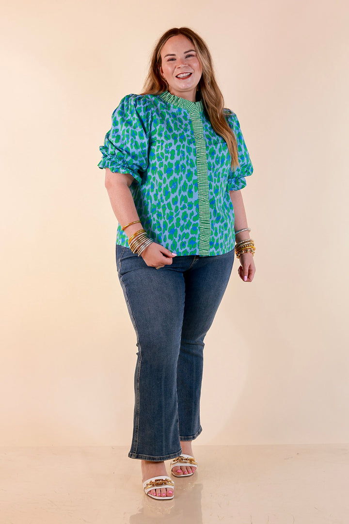Catch the Compliments Puff Sleeve Ruffle Trim Leopard Print Statement Top in Green and Blue