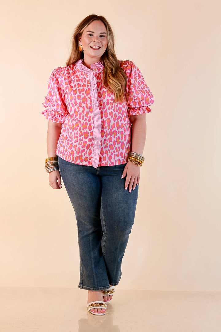 Catch the Compliments Puff Sleeve Ruffle Trim Leopard Print Statement Top in Pink and Orange
