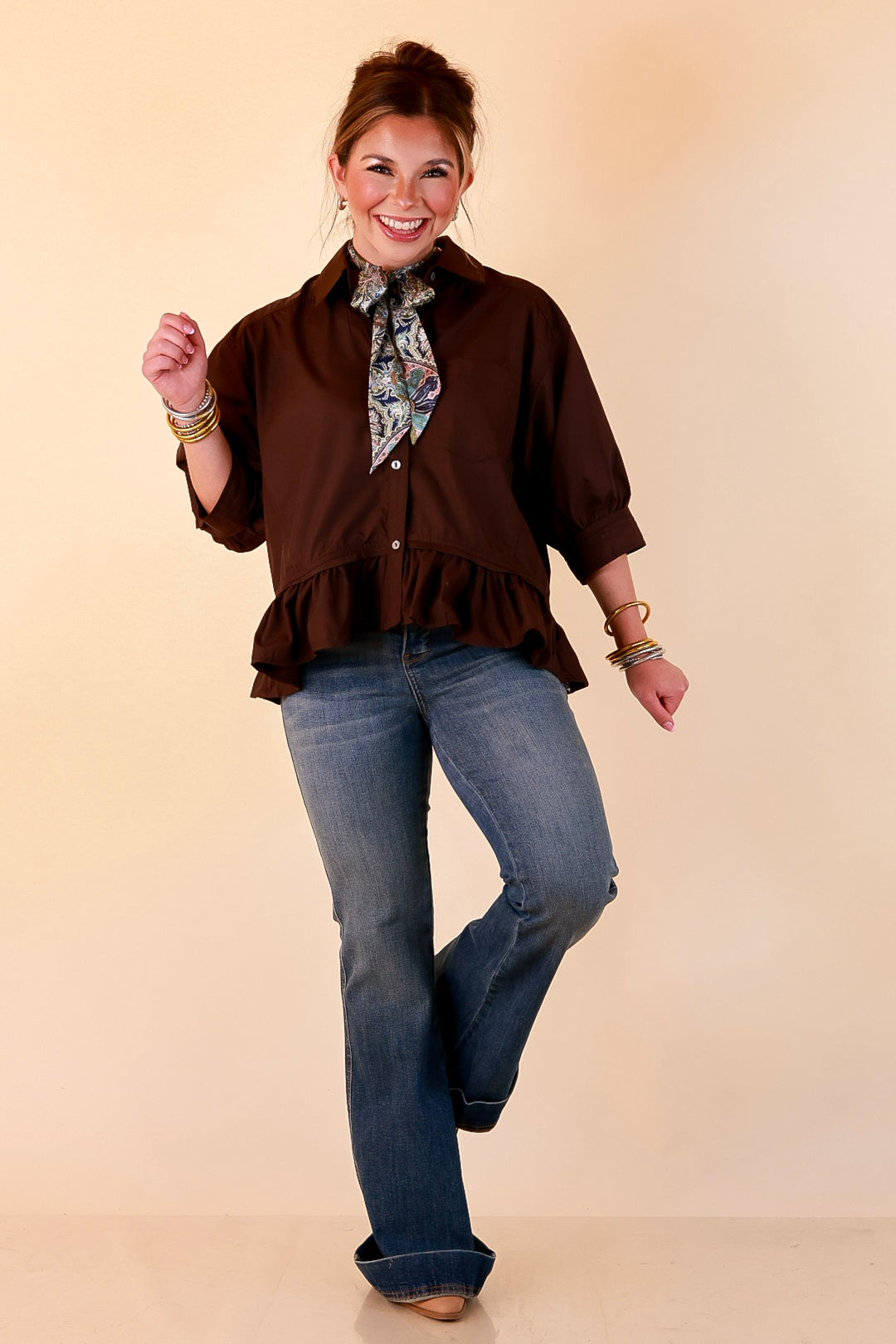 Style Agenda Solid Button Down Peplum Top in Deep Chocolate Brown